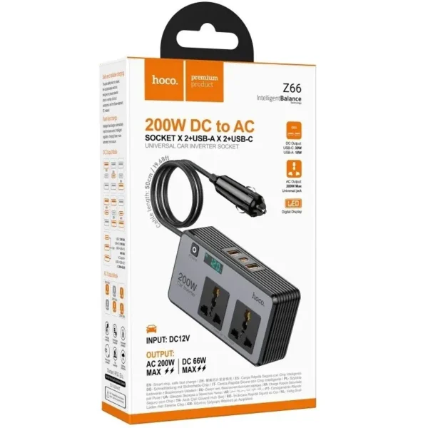 Hoco Z66 200W Multifunctional Car Power Inverter – DC 12V to AC 220V with PD 66W Fast Charge